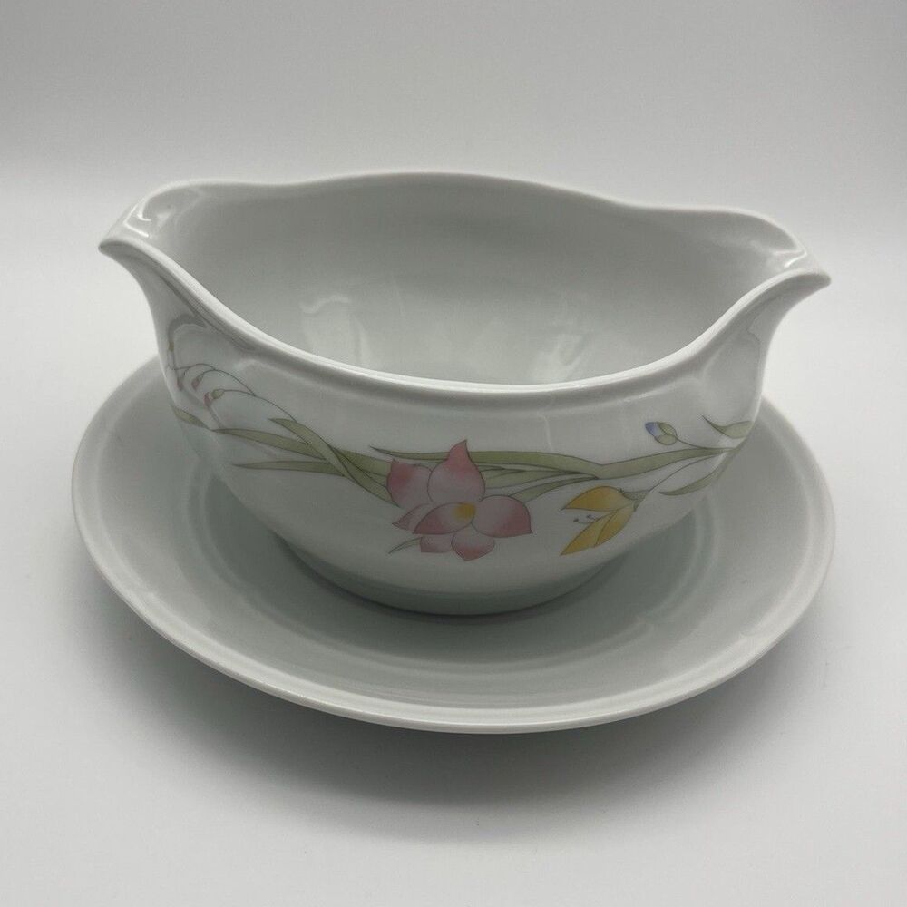 French Garden Porcelain Floral Gravy Boat, with attached plate, from Japan